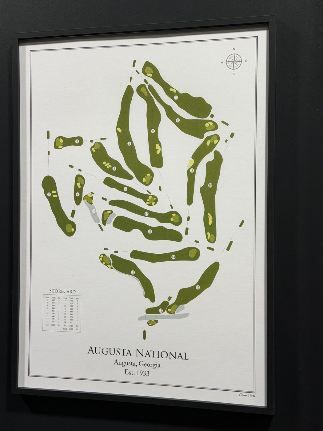 Framed course map of Augusta National