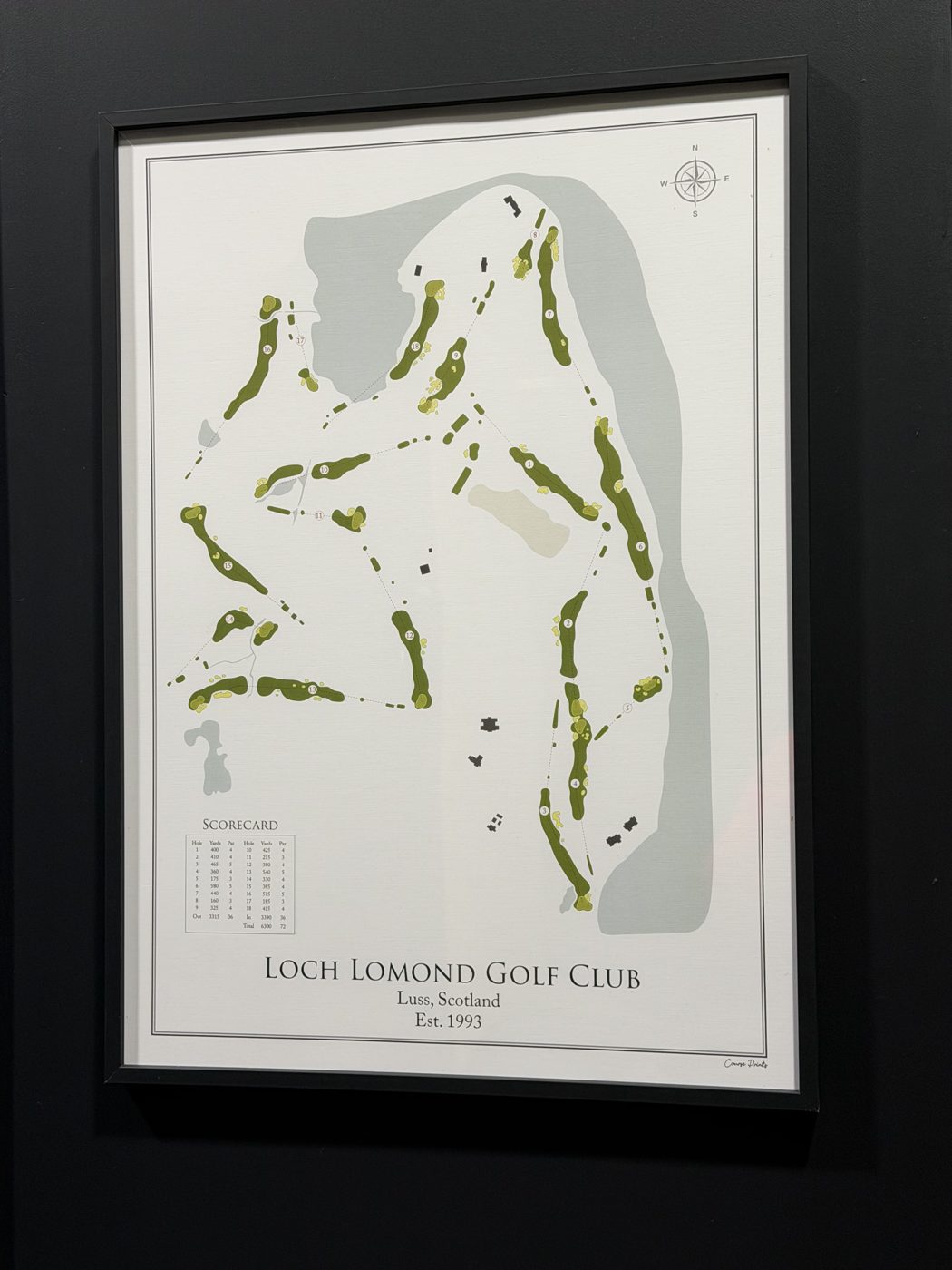 Framed course map of Loch Lomond Golf Club